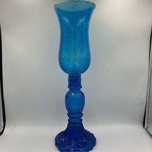 Stunning VTG Empoli Peacock Blue Italian Art Glass Hurricane Candle Lamp